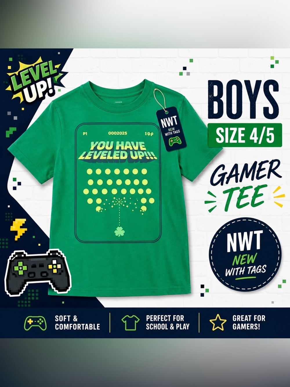 NWT Boys Size 4/5 “You Have Leveled Up!” Gamer Graphic T-Shirt Green